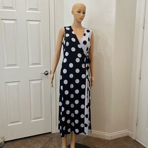 Susan Graver Dress Size MP V Neck Black White Polka Dot Midi Slimming Side Tie